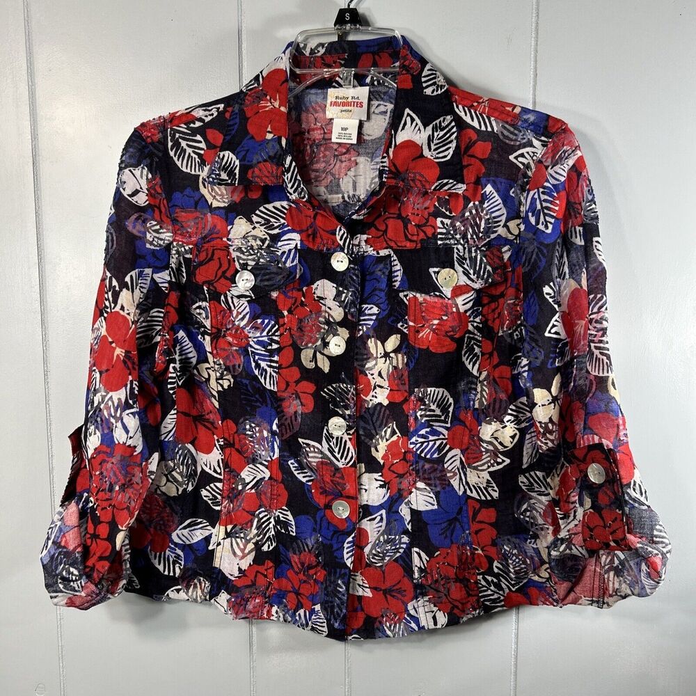 Ruby Rd Favorites 10P Petite Chiffon Burnout Jean Jacket Floral Red White Blue